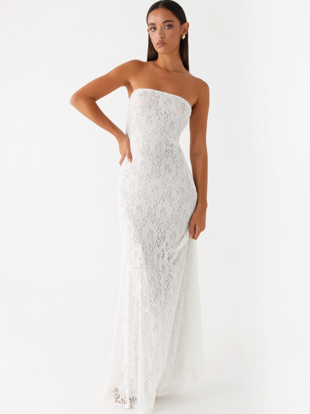 Peppermayo White Strapless Lace Maxi Gown